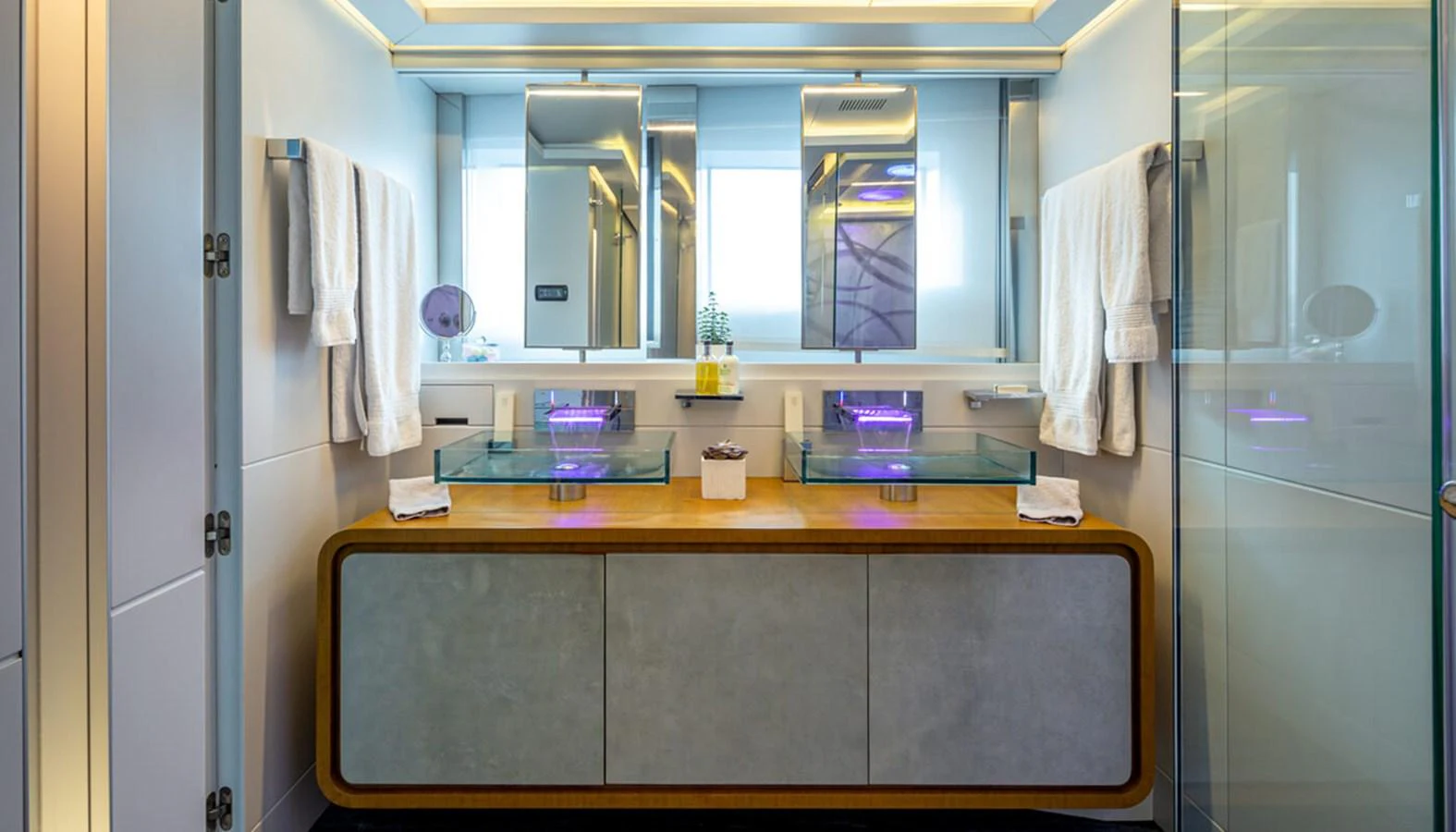 The yacht's bathroom features modern fixtures and a sleek design. aboard BARENTS SEA Yacht for Sale