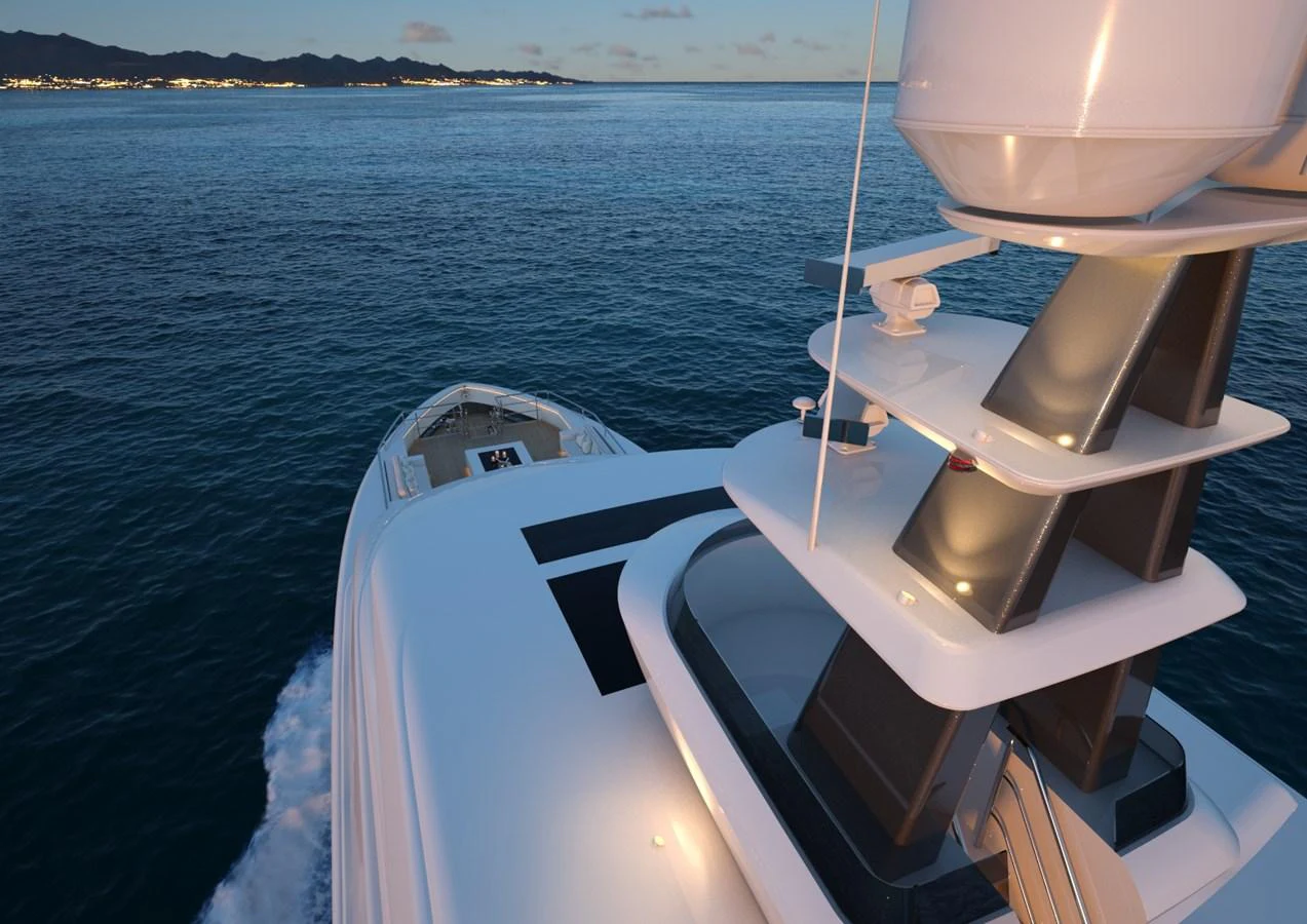 A sleek yacht cruises through calm waters at dusk, showcasing its modern design and luxurious amenities. aboard MAGNOLIA II Yacht for Sale