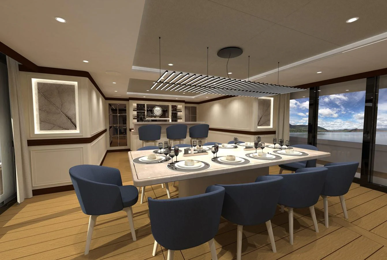 The yacht's dining area features a modern table set for eight, with large windows offering scenic views. aboard MAGNOLIA II Yacht for Sale