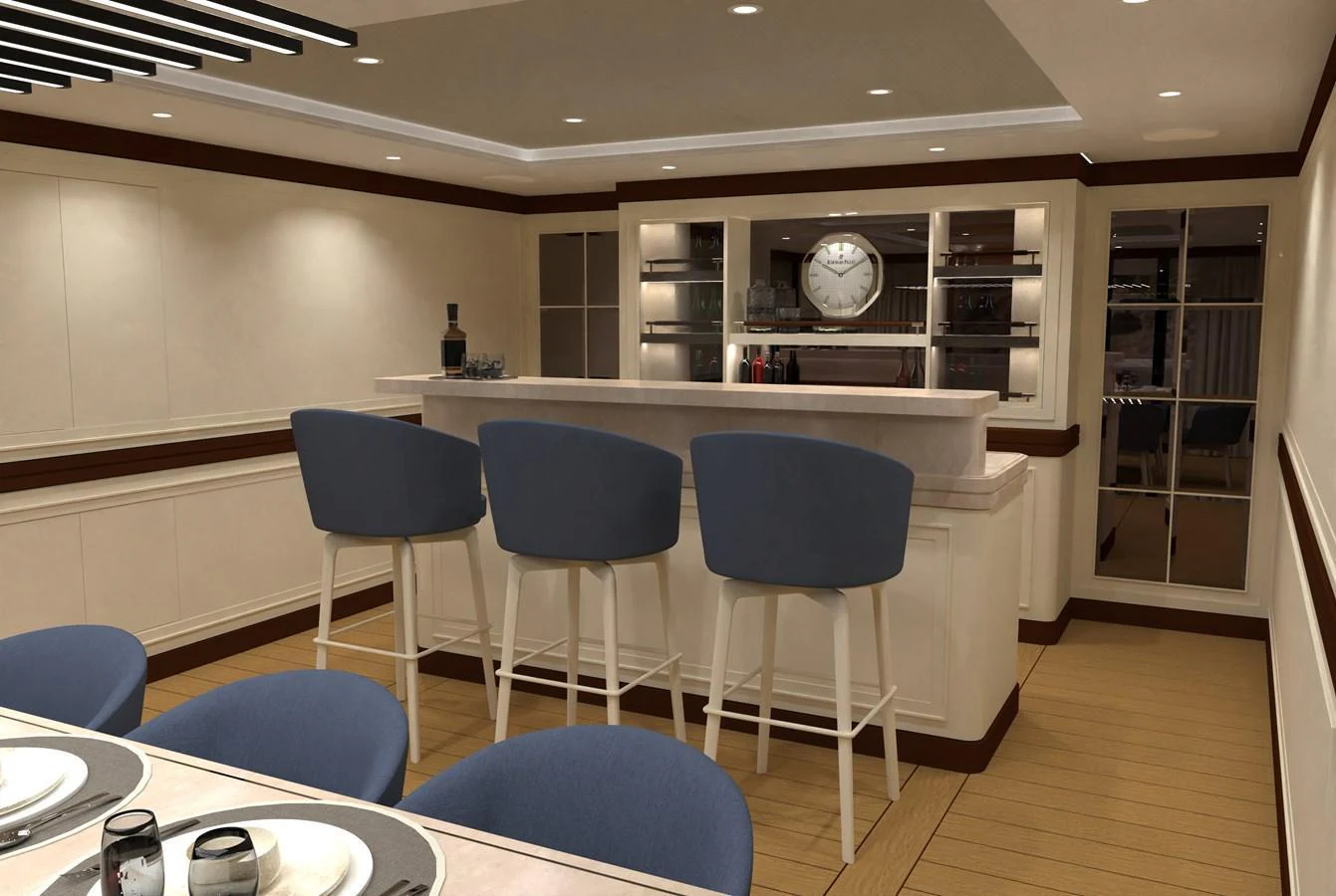 The yacht's interior features a stylish bar area with comfortable seating and elegant decor. aboard MAGNOLIA II Yacht for Sale