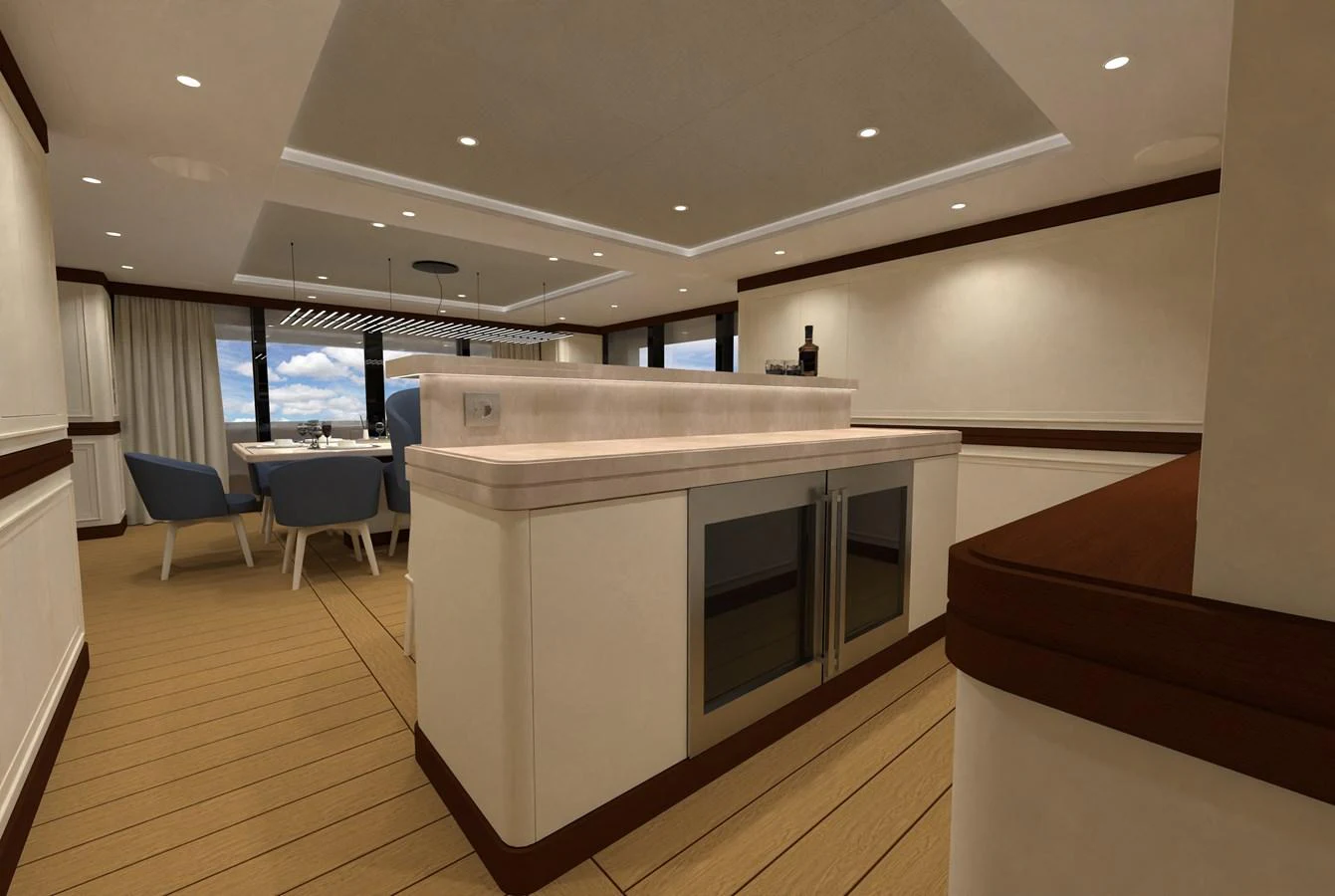 The yacht's galley features modern appliances and a spacious dining area with elegant furnishings. aboard MAGNOLIA II Yacht for Sale