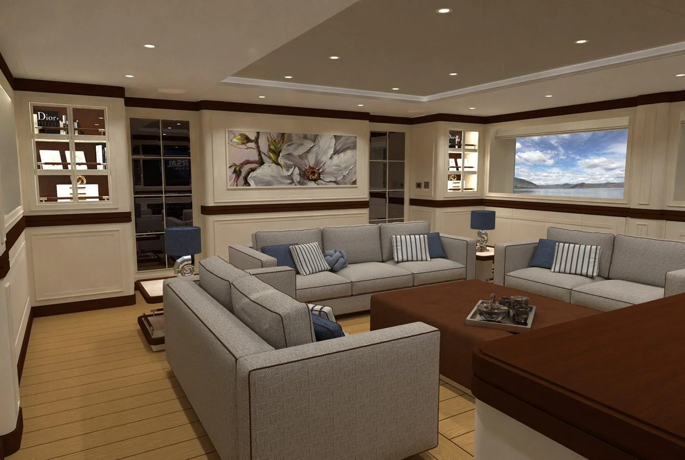 The salon features plush seating, elegant decor, and ample natural light through large windows. aboard MAGNOLIA II Yacht for Sale