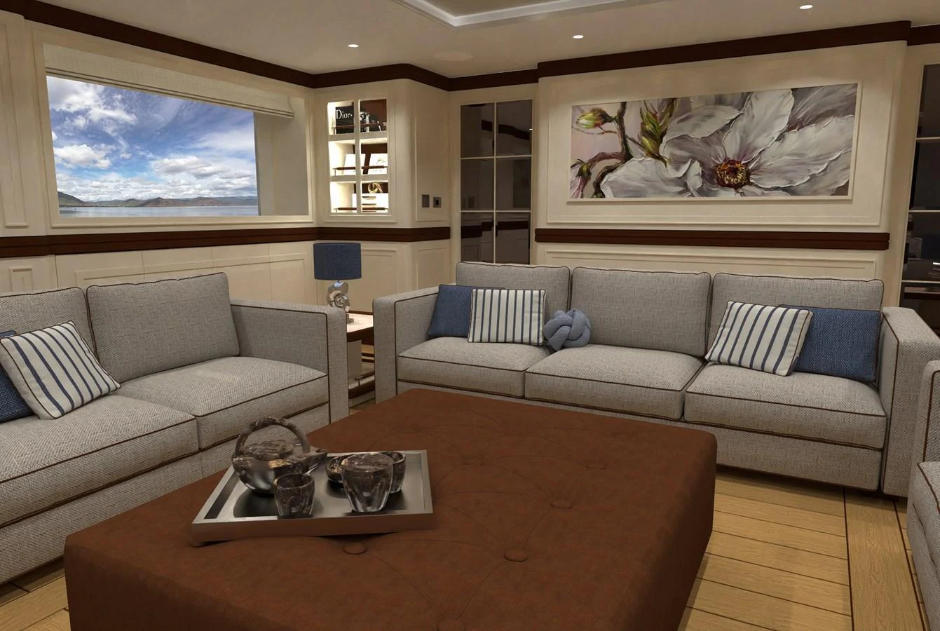 The yacht's salon features plush seating, elegant decor, and a large window offering scenic views. aboard MAGNOLIA II Yacht for Sale