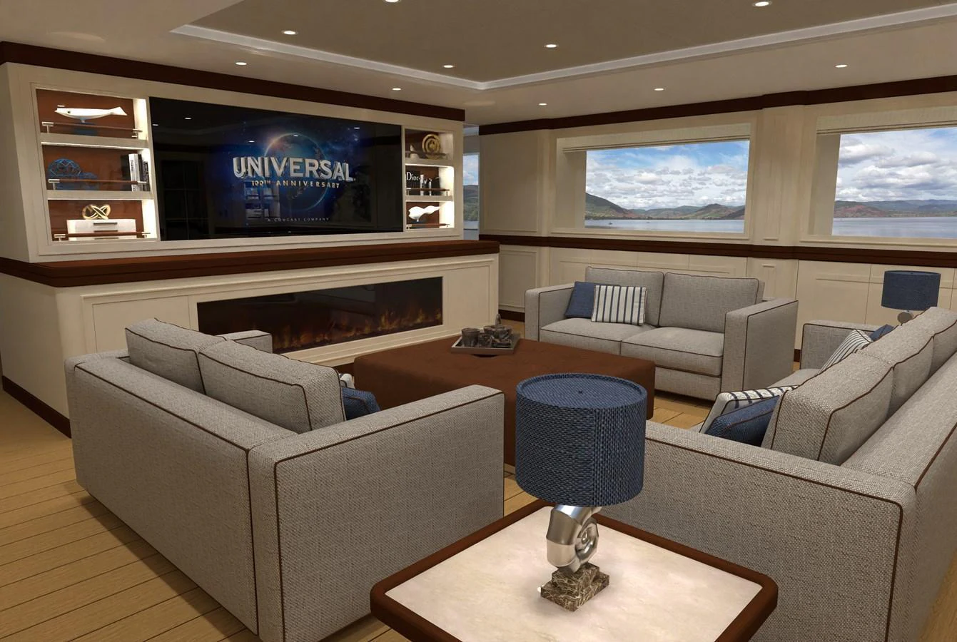 The salon features plush seating, a large flat-screen TV, and expansive windows offering stunning views. aboard MAGNOLIA II Yacht for Sale