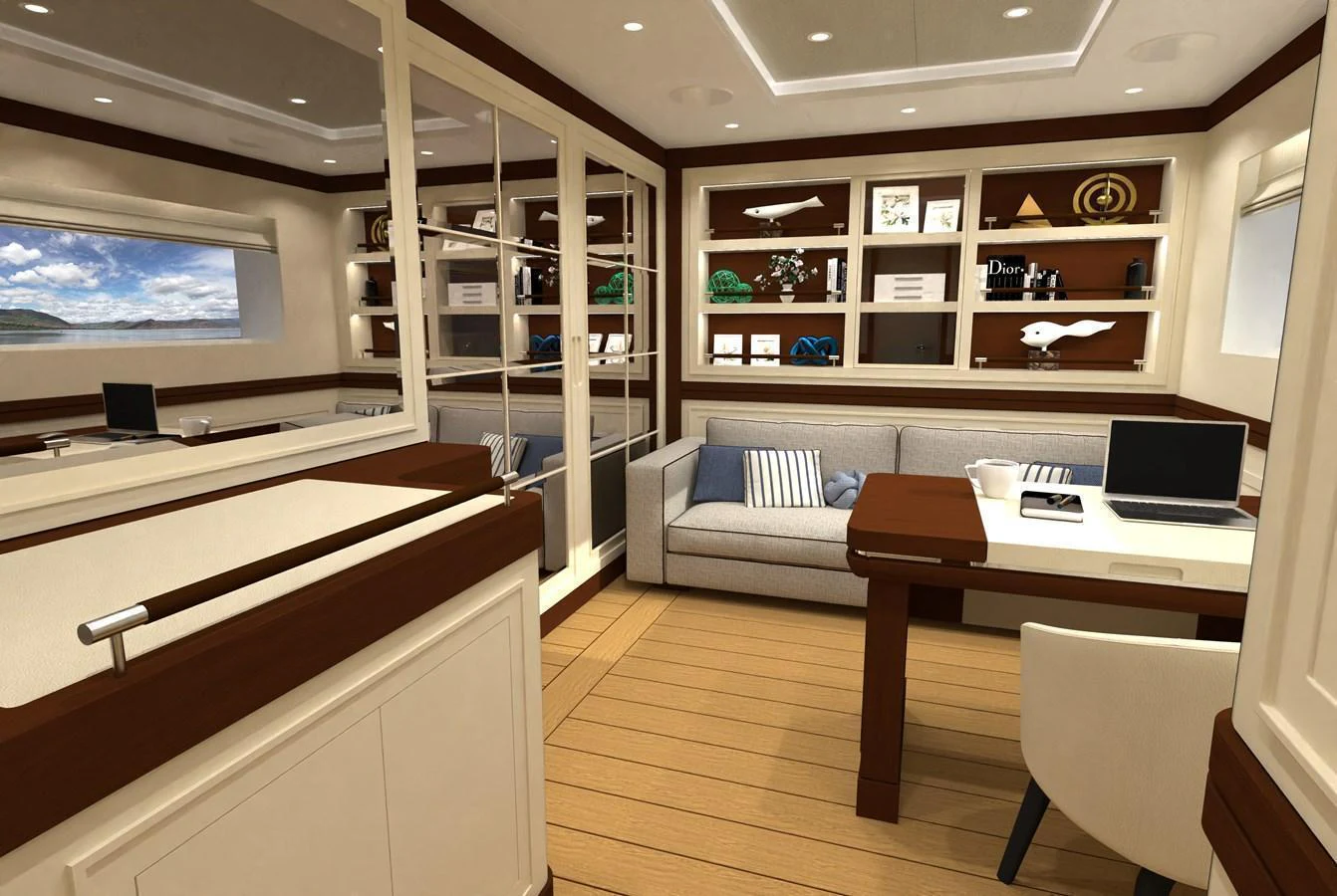The yacht's office features a comfortable seating area, a desk with a laptop, and ample shelving for books and decor. aboard MAGNOLIA II Yacht for Sale