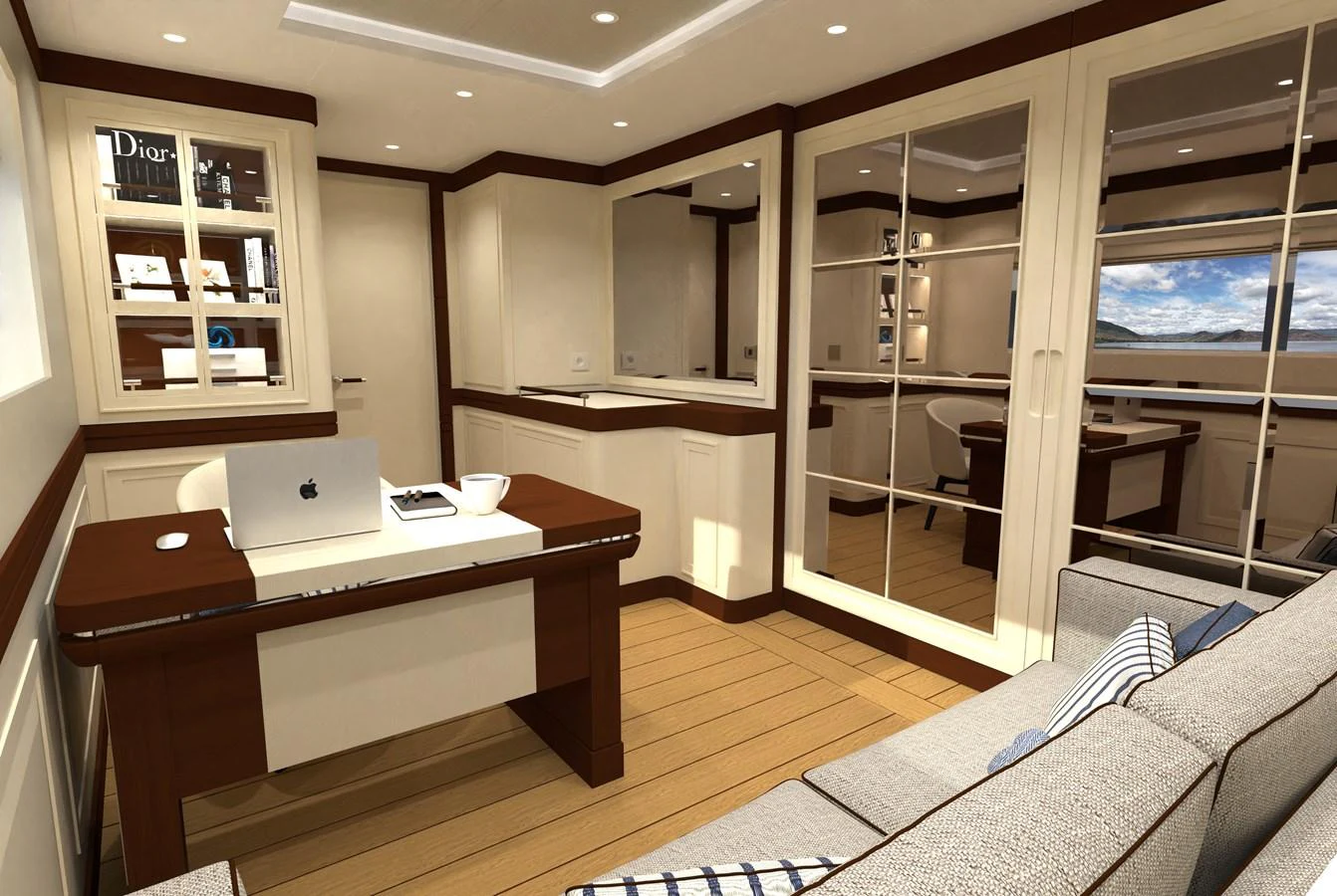The yacht's office features a sophisticated workspace with elegant furnishings and ample natural light. aboard MAGNOLIA II Yacht for Sale
