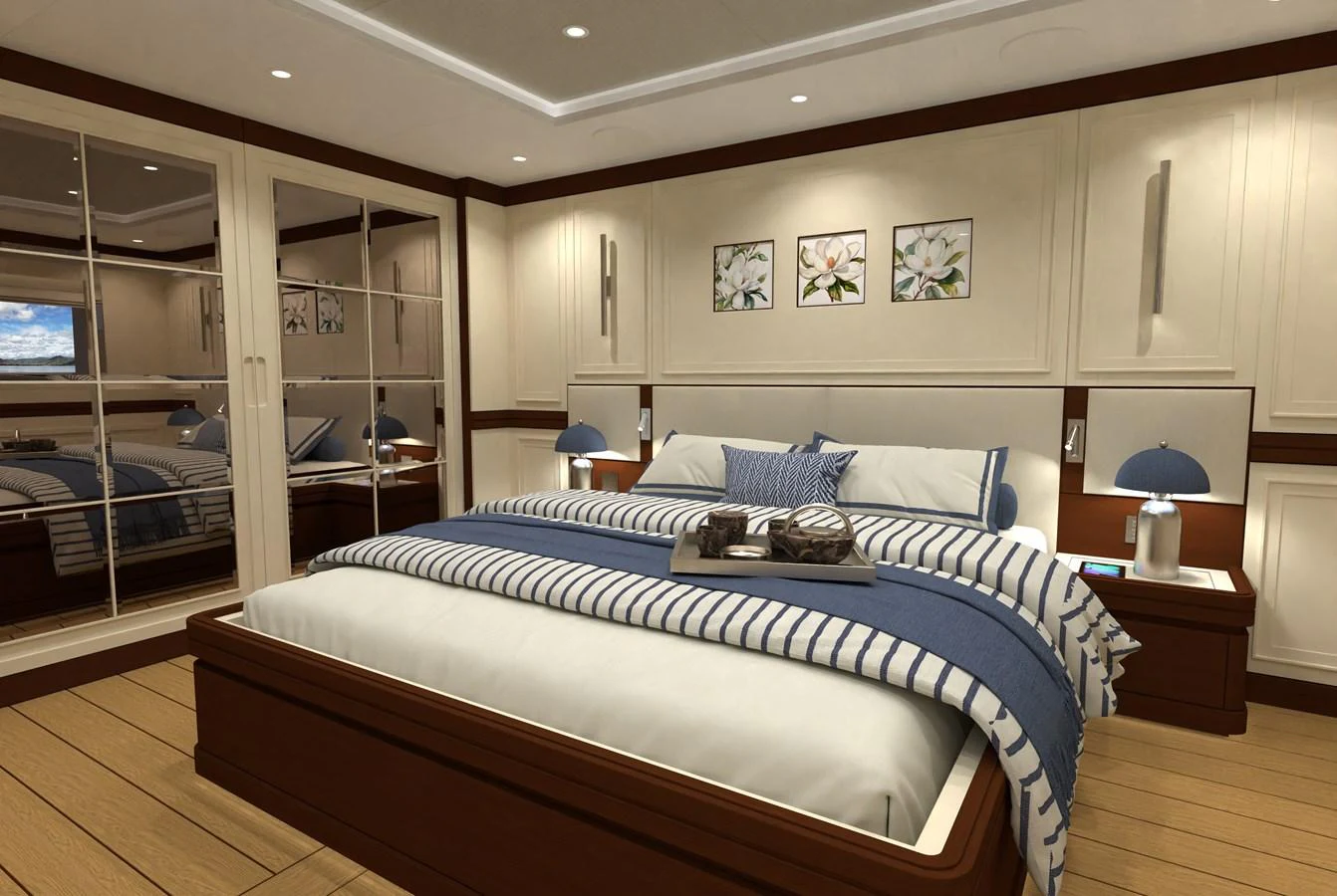 The master stateroom features a luxurious bed with elegant decor and ample storage. aboard MAGNOLIA II Yacht for Sale