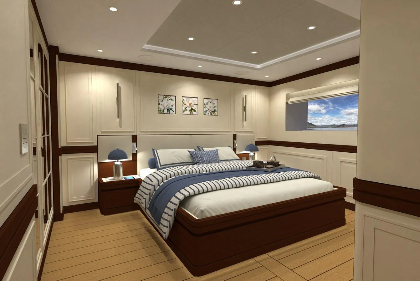 The master stateroom features a luxurious bed with elegant decor and ample natural light. aboard MAGNOLIA II Yacht for Sale