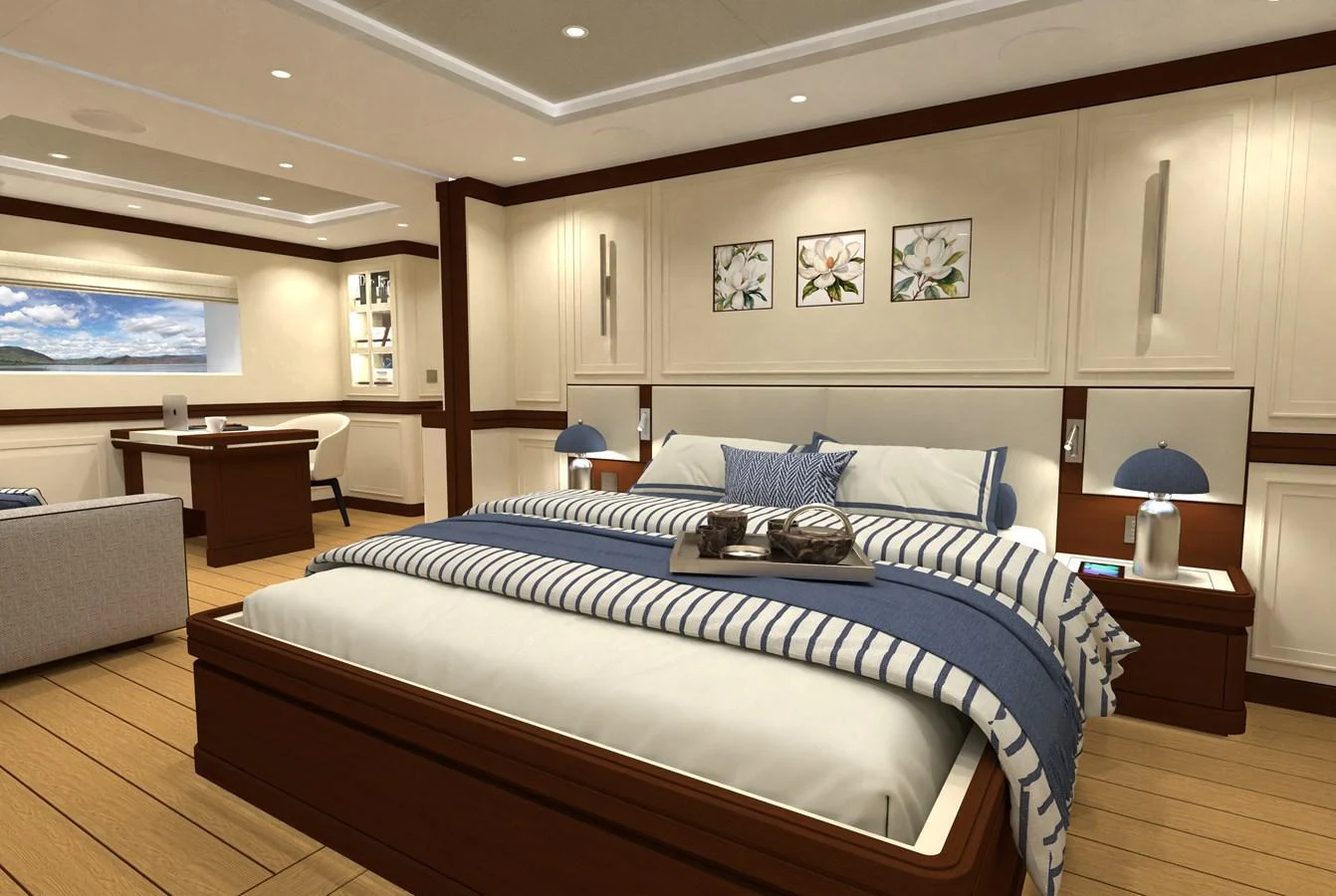 The master stateroom features a luxurious bed with elegant decor and ample natural light. aboard MAGNOLIA II Yacht for Sale