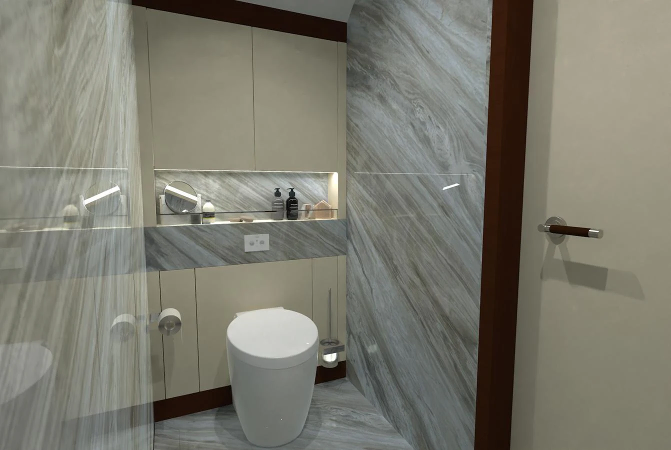 A modern yacht bathroom with sleek finishes and contemporary fixtures. aboard MAGNOLIA II Yacht for Sale