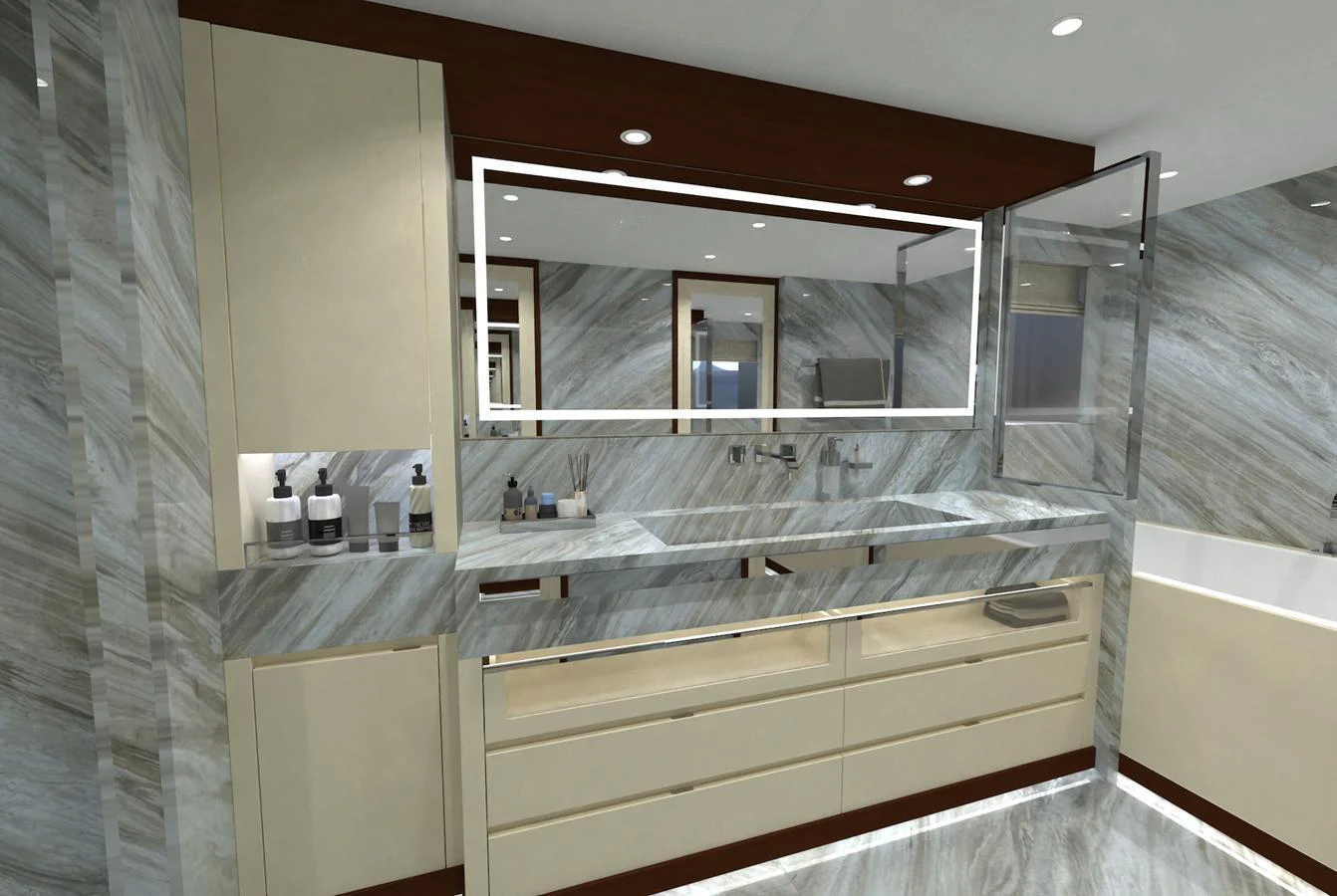 The yacht's bathroom features luxurious marble surfaces and modern fixtures. aboard MAGNOLIA II Yacht for Sale