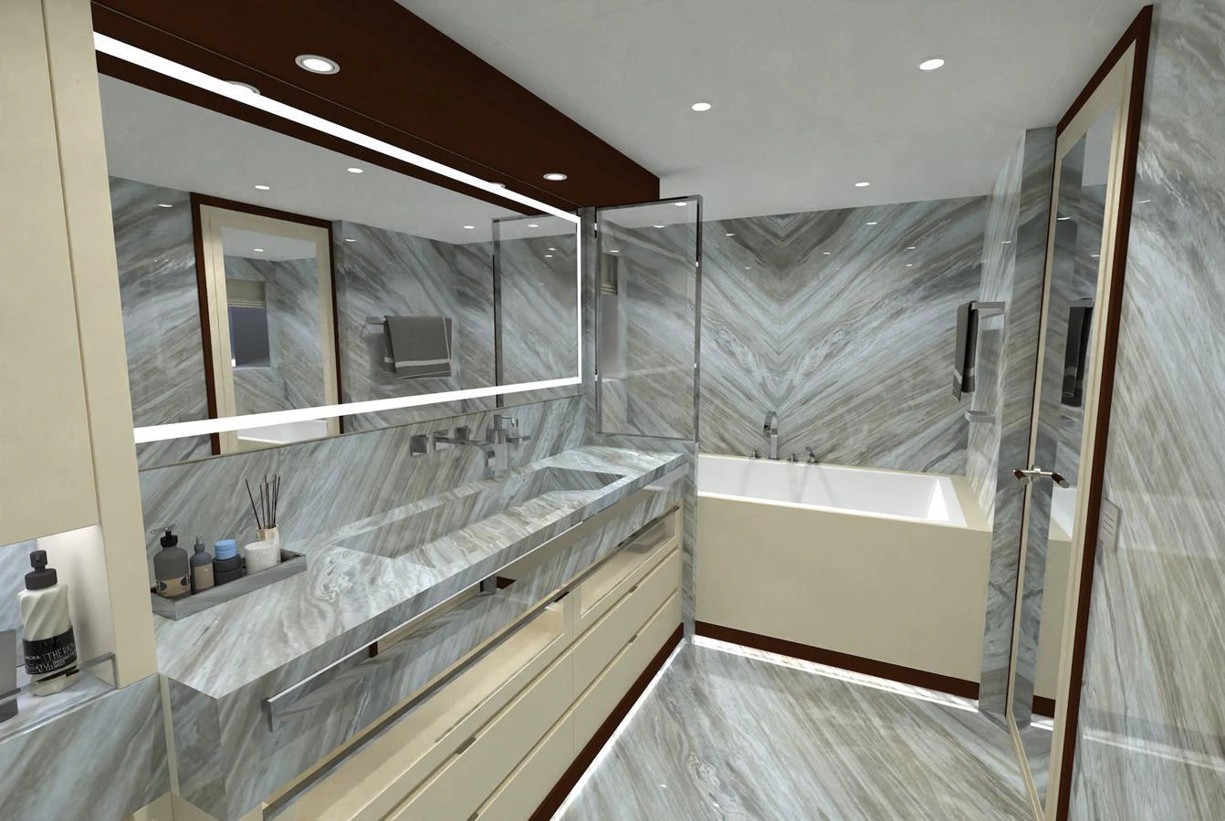 The yacht's bathroom features luxurious marble finishes and modern fixtures. aboard MAGNOLIA II Yacht for Sale