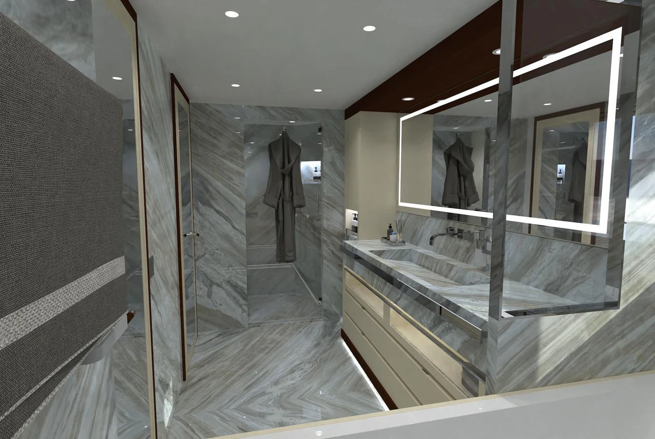 The yacht's bathroom features luxurious marble finishes and modern fixtures. aboard MAGNOLIA II Yacht for Sale