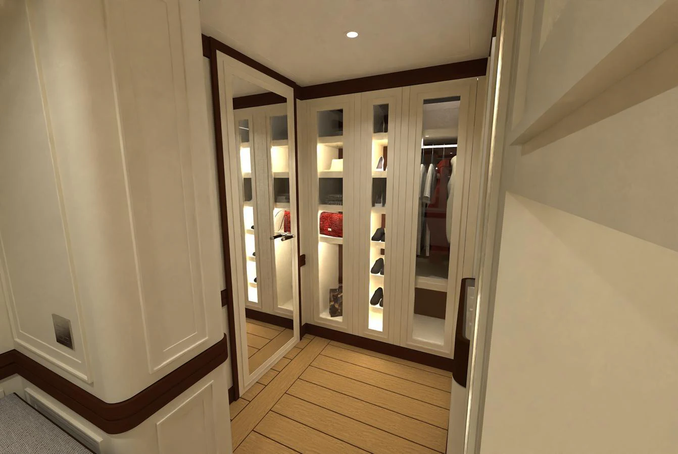A luxurious walk-in closet with ample storage and elegant lighting. aboard MAGNOLIA II Yacht for Sale