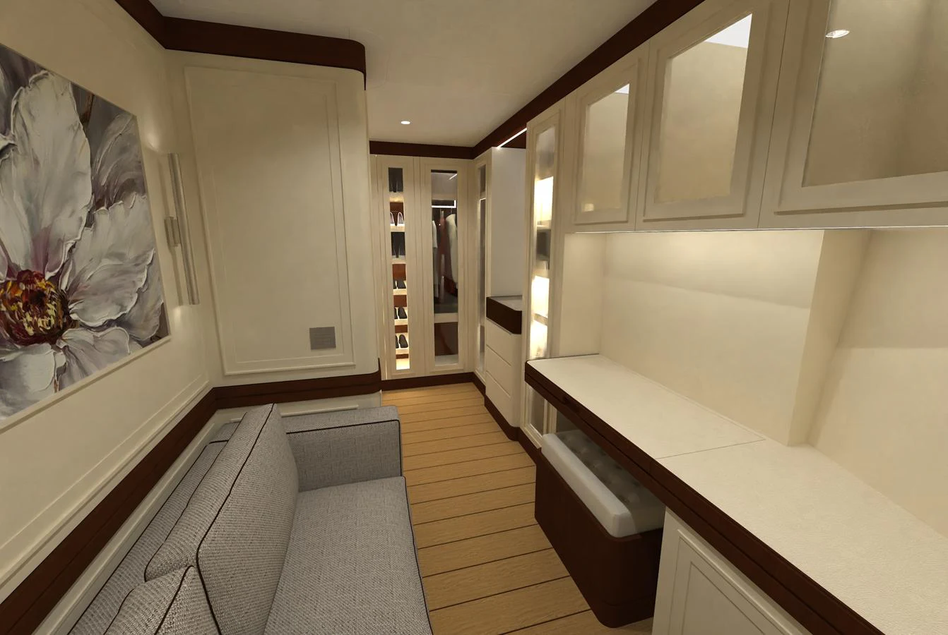 The yacht's interior features a cozy seating area with elegant cabinetry and a large floral artwork. aboard MAGNOLIA II Yacht for Sale