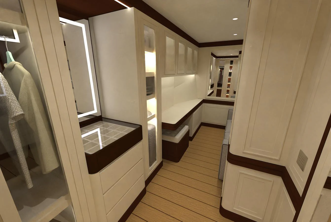 The yacht's interior features a well-lit hallway with ample storage and elegant design. aboard MAGNOLIA II Yacht for Sale