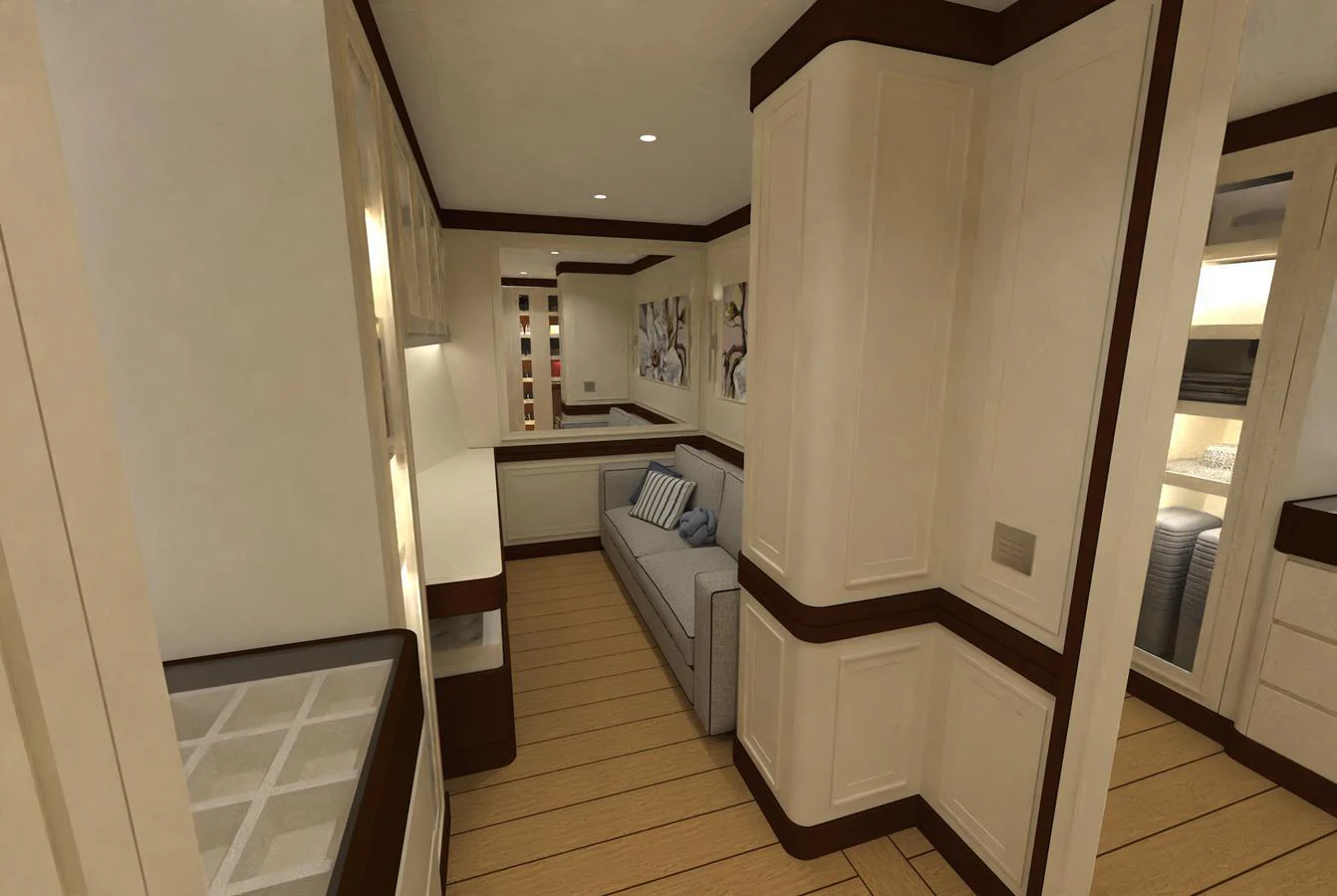 The yacht's interior features a cozy seating area with elegant wood and cream finishes. aboard MAGNOLIA II Yacht for Sale