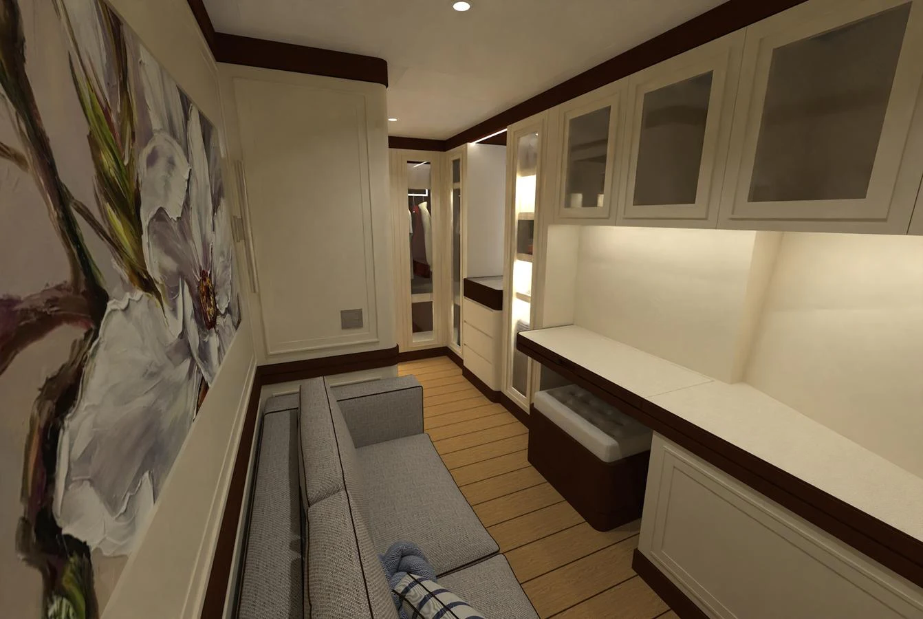 A cozy and well-lit interior space featuring a comfortable seating area and ample storage. aboard MAGNOLIA II Yacht for Sale