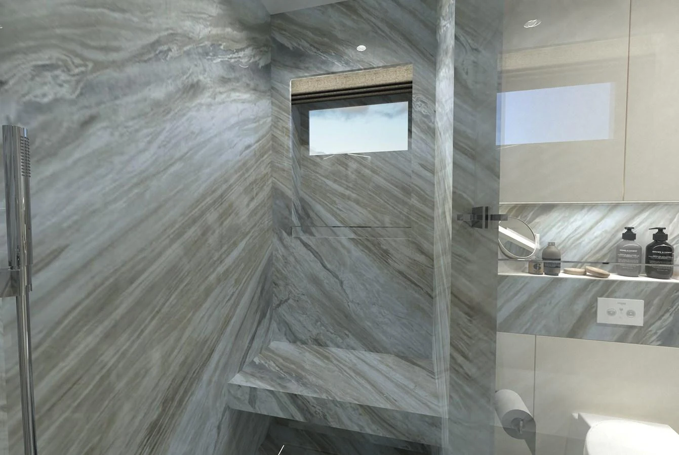 The yacht's bathroom features elegant marble walls and modern fixtures. aboard MAGNOLIA II Yacht for Sale