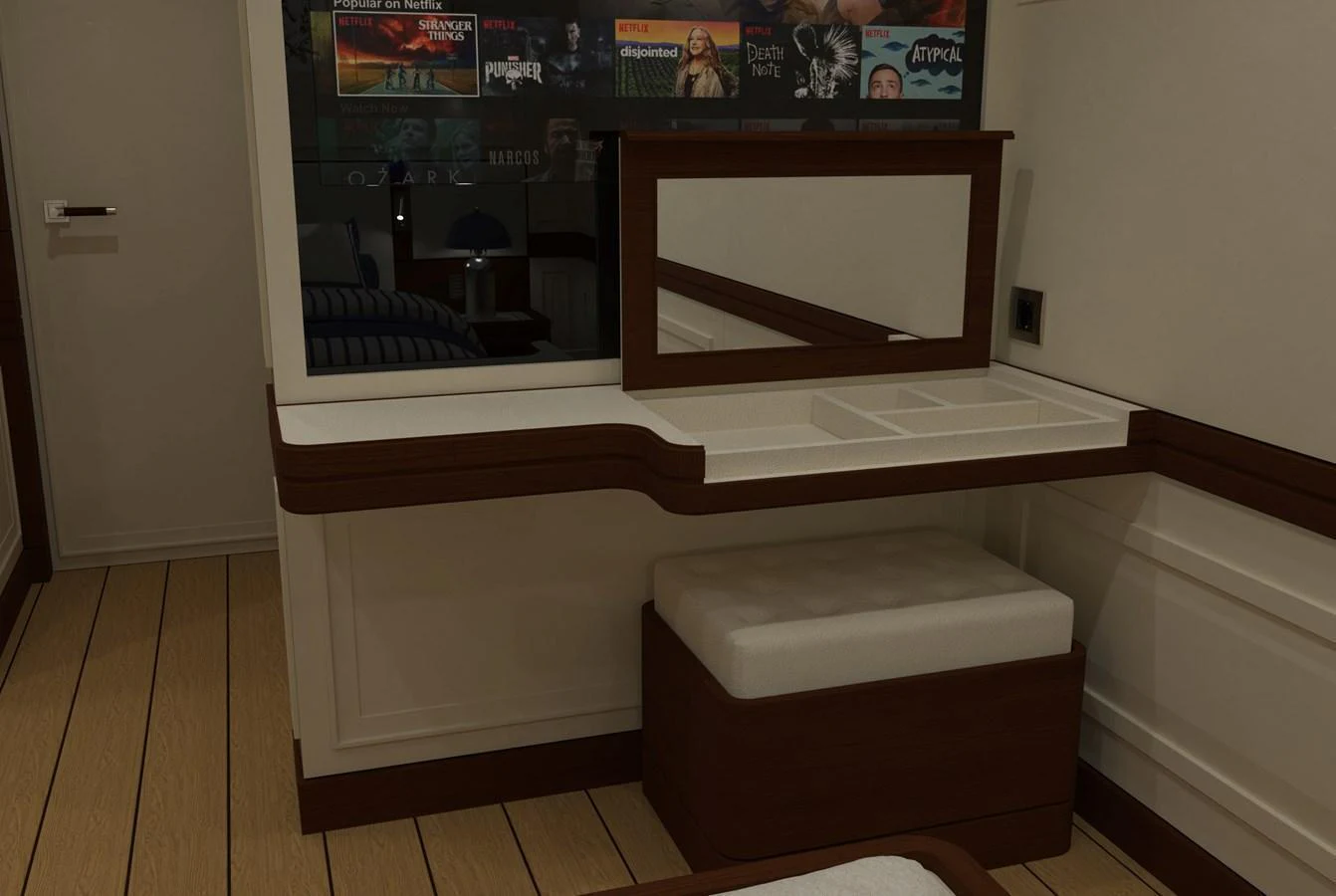 The yacht's interior features a stylish vanity area with a mirror and cushioned stool. aboard MAGNOLIA II Yacht for Sale