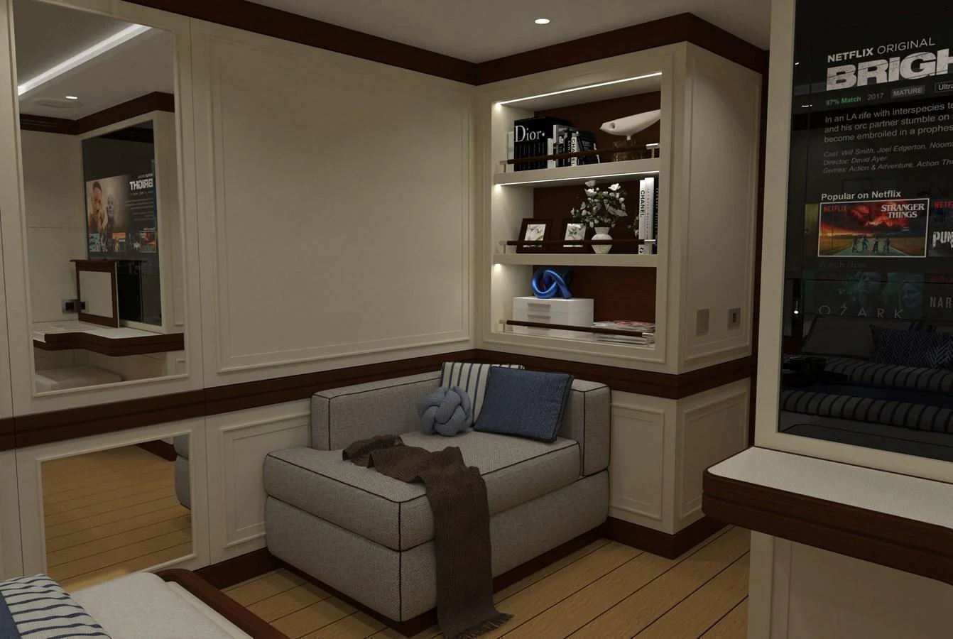 The stateroom offers a cozy seating area with elegant decor and modern amenities. aboard MAGNOLIA II Yacht for Sale