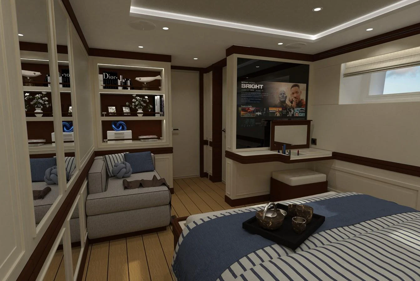 The stateroom features a cozy seating area, a comfortable bed, and elegant decor. aboard MAGNOLIA II Yacht for Sale