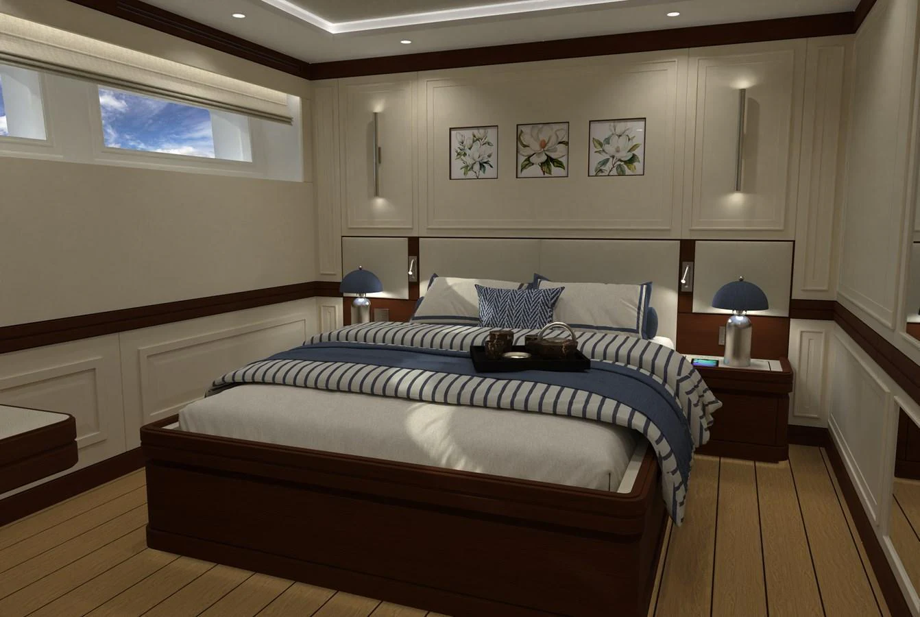 A luxurious stateroom featuring a plush bed with elegant decor and ample natural light. aboard MAGNOLIA II Yacht for Sale