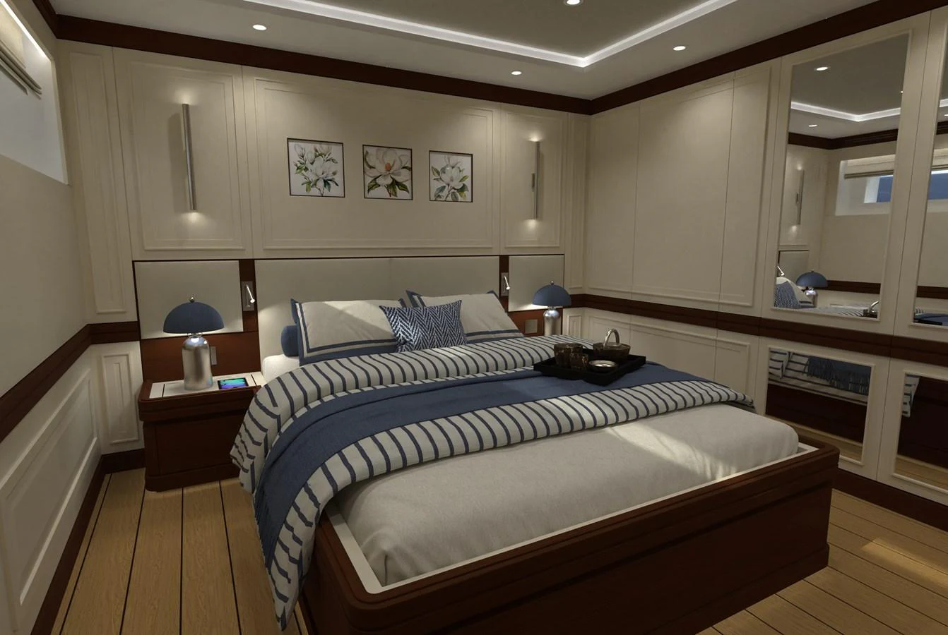 A luxurious stateroom featuring a comfortable bed with elegant bedding and tasteful decor. aboard MAGNOLIA II Yacht for Sale