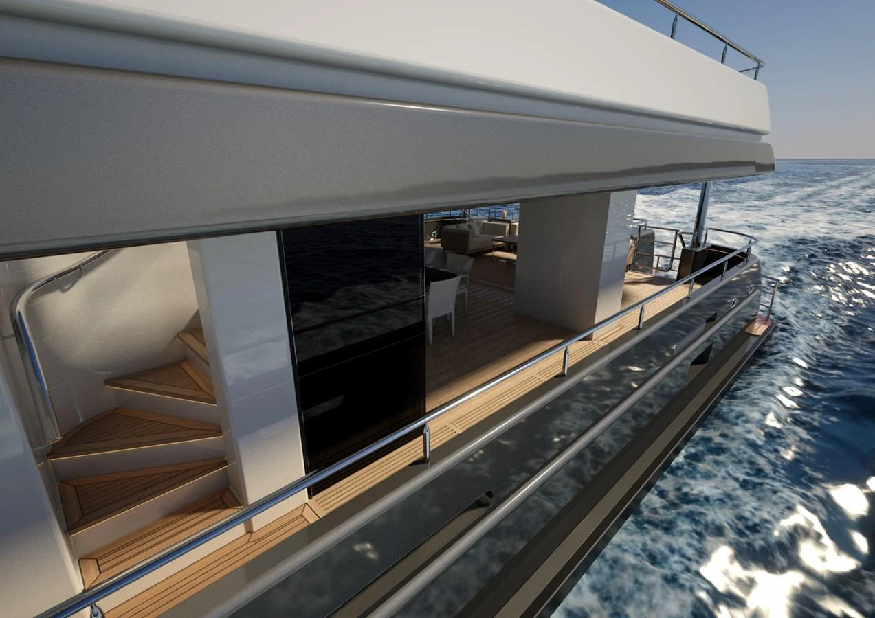 The image showcases the sleek side deck of a yacht with modern design elements and a view of the ocean. aboard MAGNOLIA II Yacht for Sale