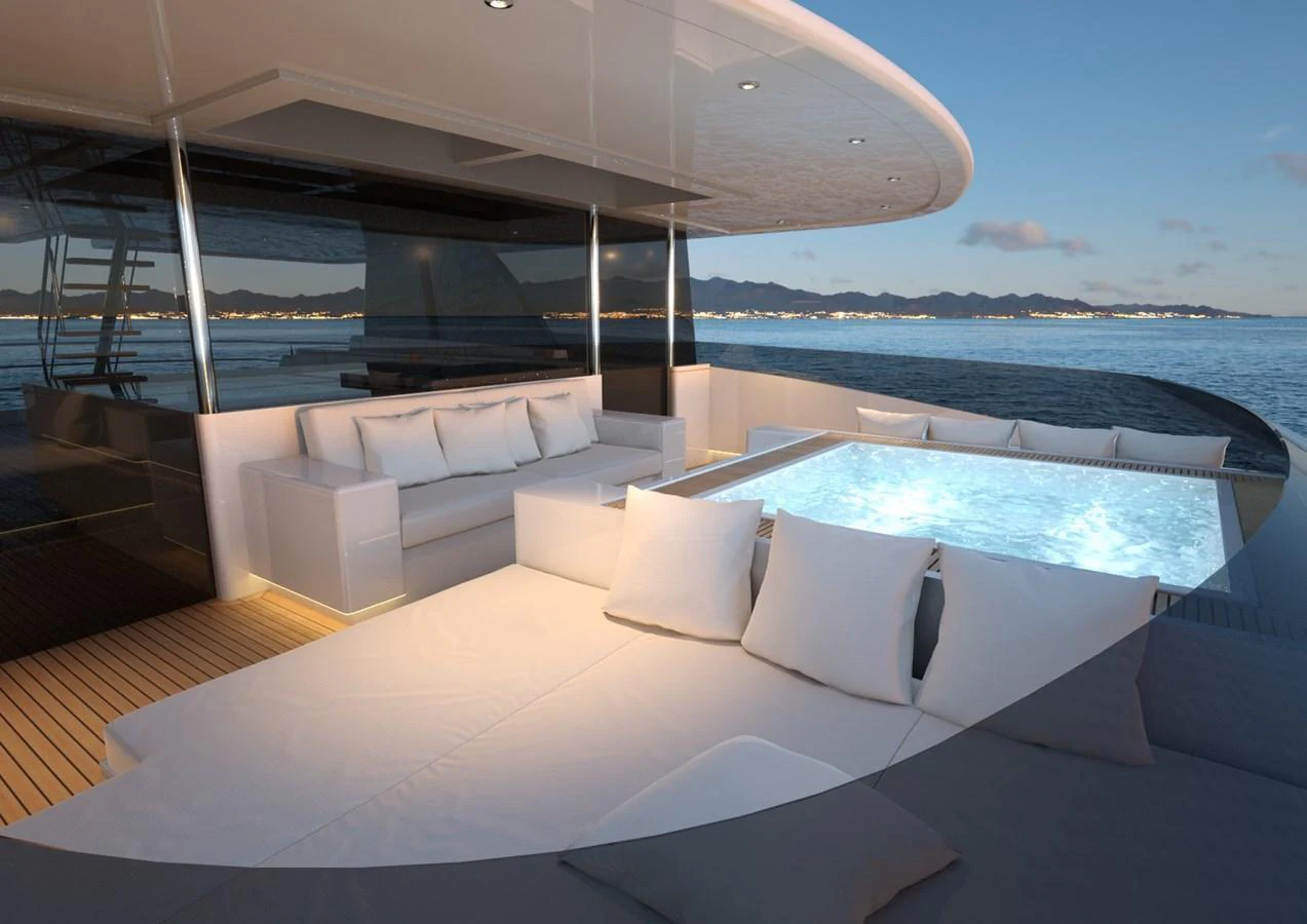 The aft deck features a luxurious lounging area with a jacuzzi, offering stunning sea views. aboard MAGNOLIA II Yacht for Sale