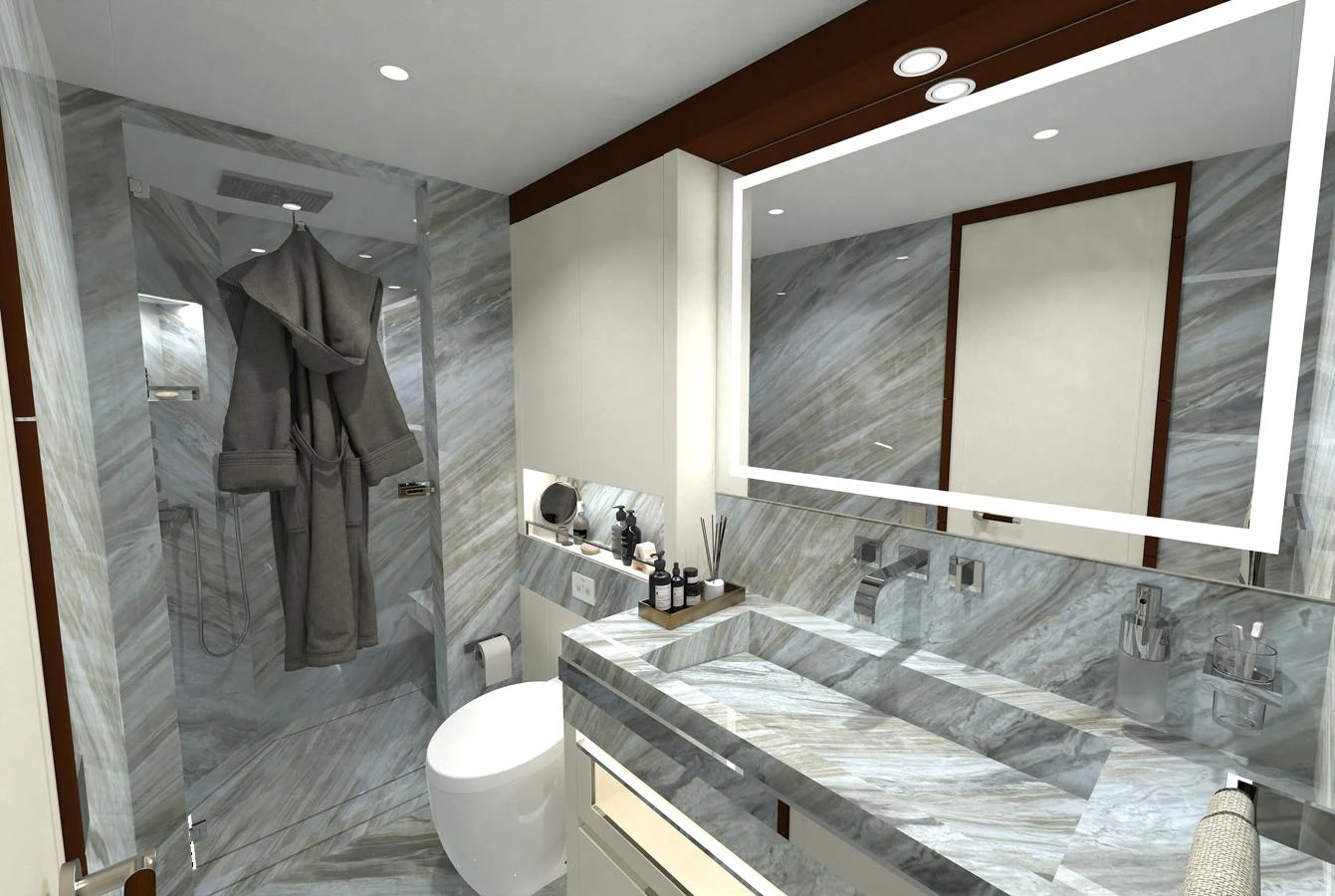 The yacht's bathroom features luxurious marble finishes and modern amenities. aboard MAGNOLIA II Yacht for Sale