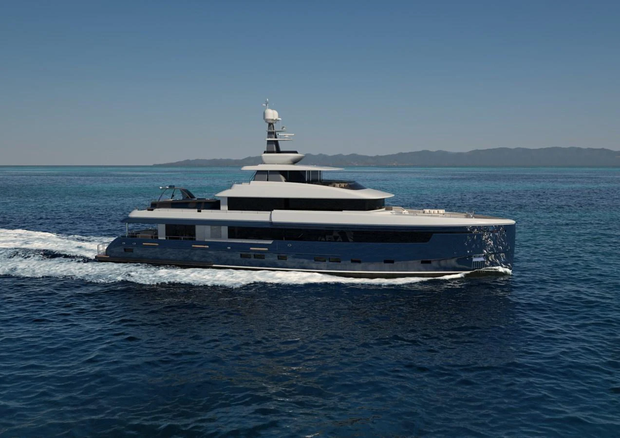 A sleek and modern yacht cruising on calm waters with a mountainous backdrop. aboard MAGNOLIA II Yacht for Sale