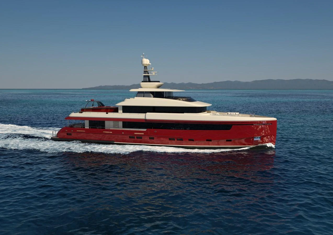 A sleek and modern yacht glides through calm waters, showcasing its elegant design and vibrant red hull. aboard MAGNOLIA II Yacht for Sale