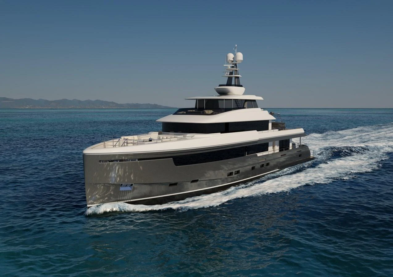 A sleek and modern yacht cruises through clear blue waters under a bright sky. aboard MAGNOLIA II Yacht for Sale