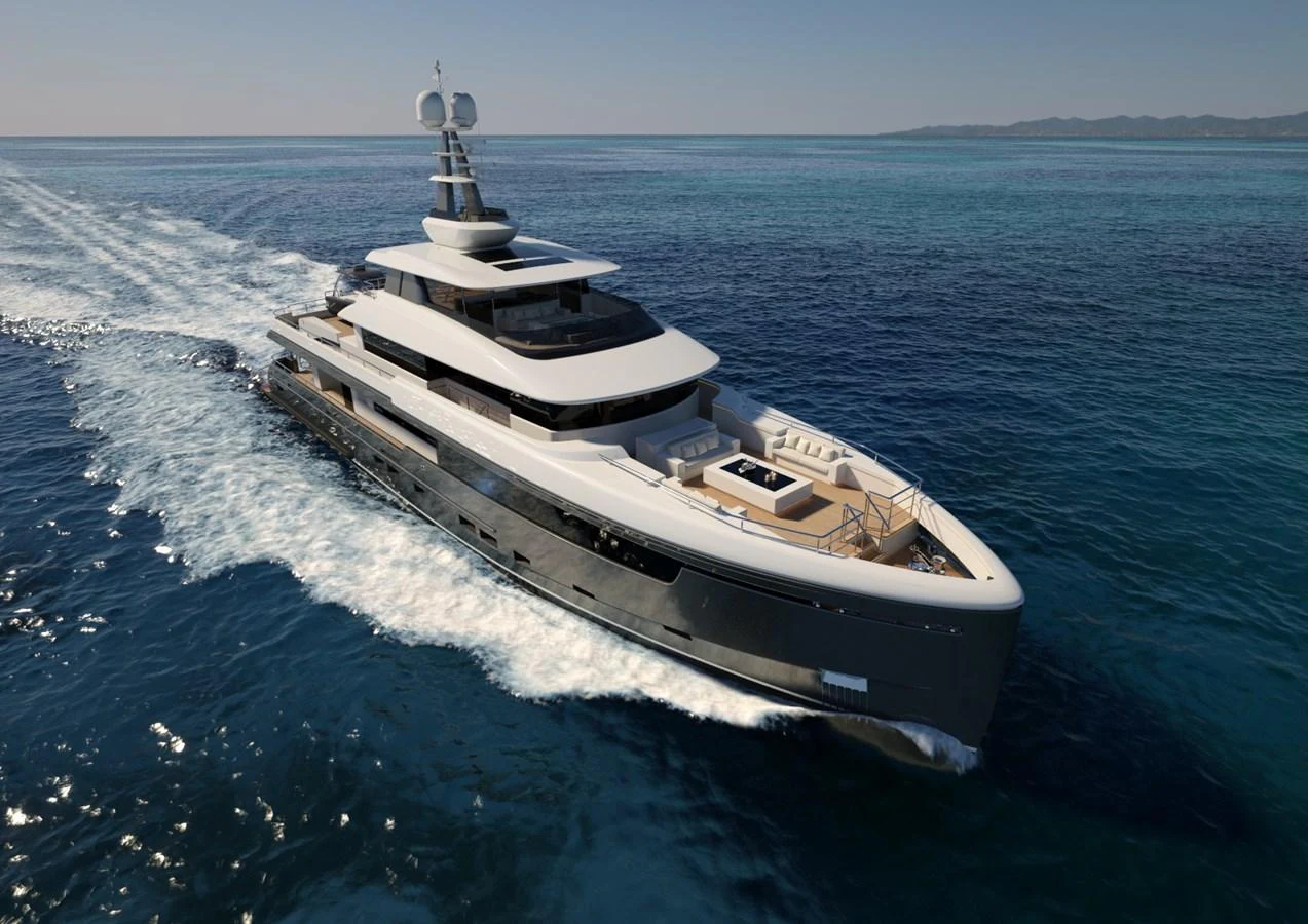 A sleek and modern yacht cruises through clear blue waters, showcasing its luxurious design and spacious decks. aboard MAGNOLIA II Yacht for Sale