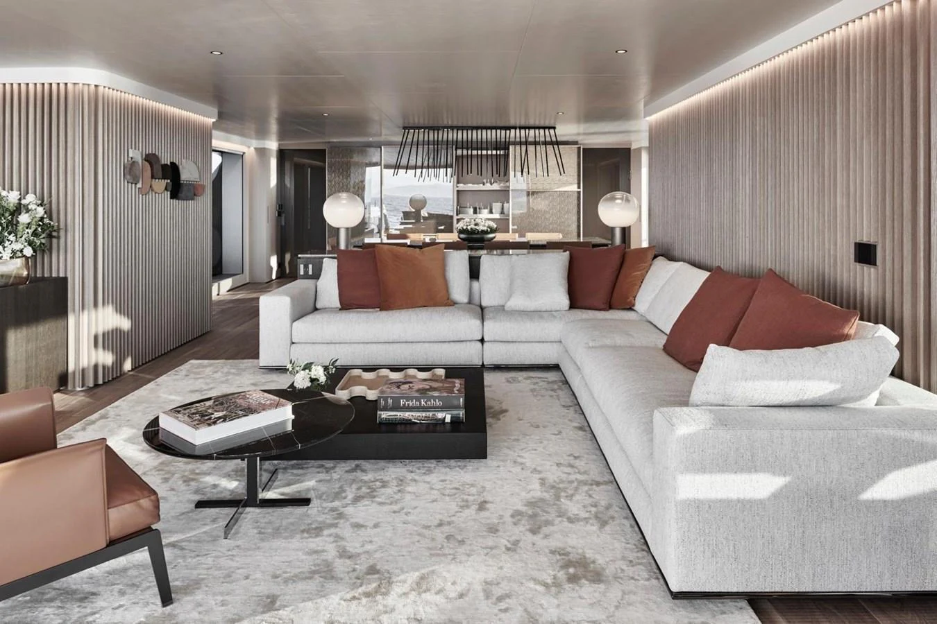 The salon features a spacious and elegant seating area with modern decor and ample natural light. aboard ATTITUDE Yacht for Sale