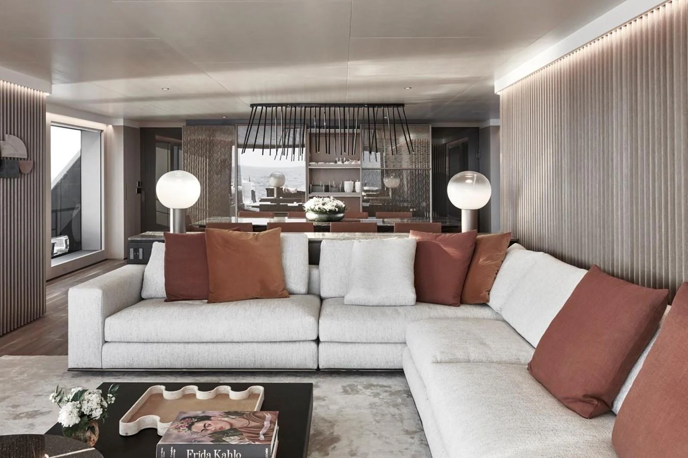The salon features a spacious and elegant seating area with modern decor and ample natural light. aboard ATTITUDE Yacht for Sale