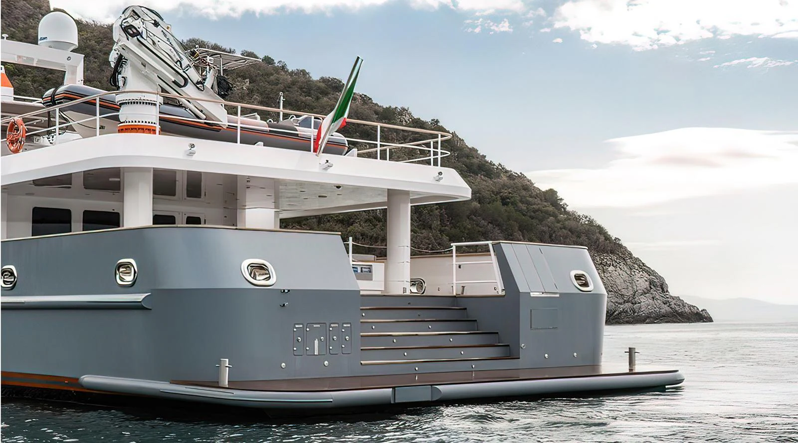 The yacht's aft deck features a spacious and elegant design, perfect for relaxation and enjoying the sea views. aboard EXPLORER 130 Yacht for Sale