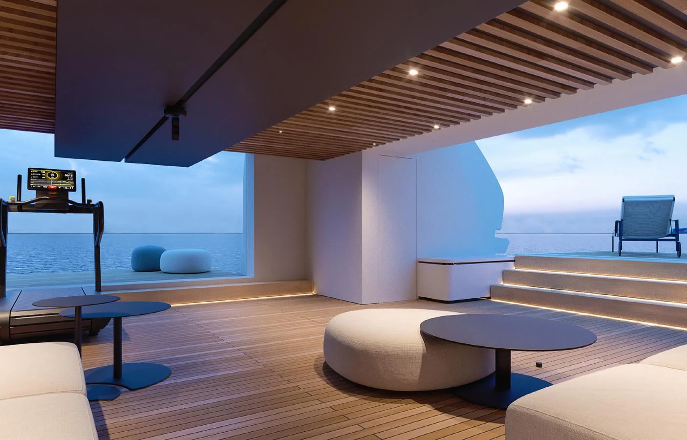 A serene and modern lounge area with a view of the ocean, featuring comfortable seating and a treadmill. aboard DOGE 500 Yacht for Sale