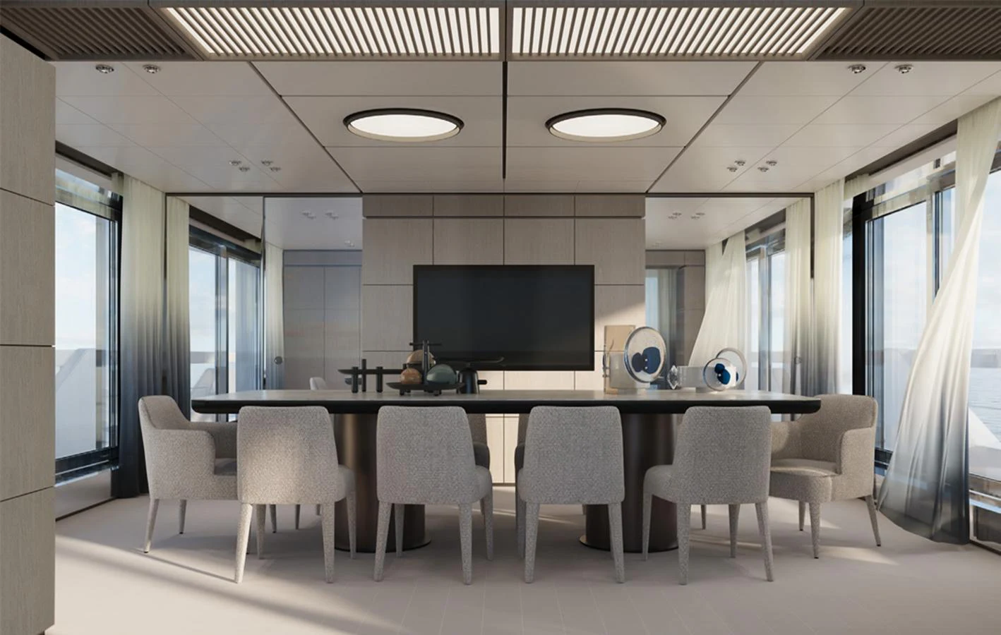 A sophisticated dining area with modern furnishings and ample natural light. aboard DOGE 500 Yacht for Sale