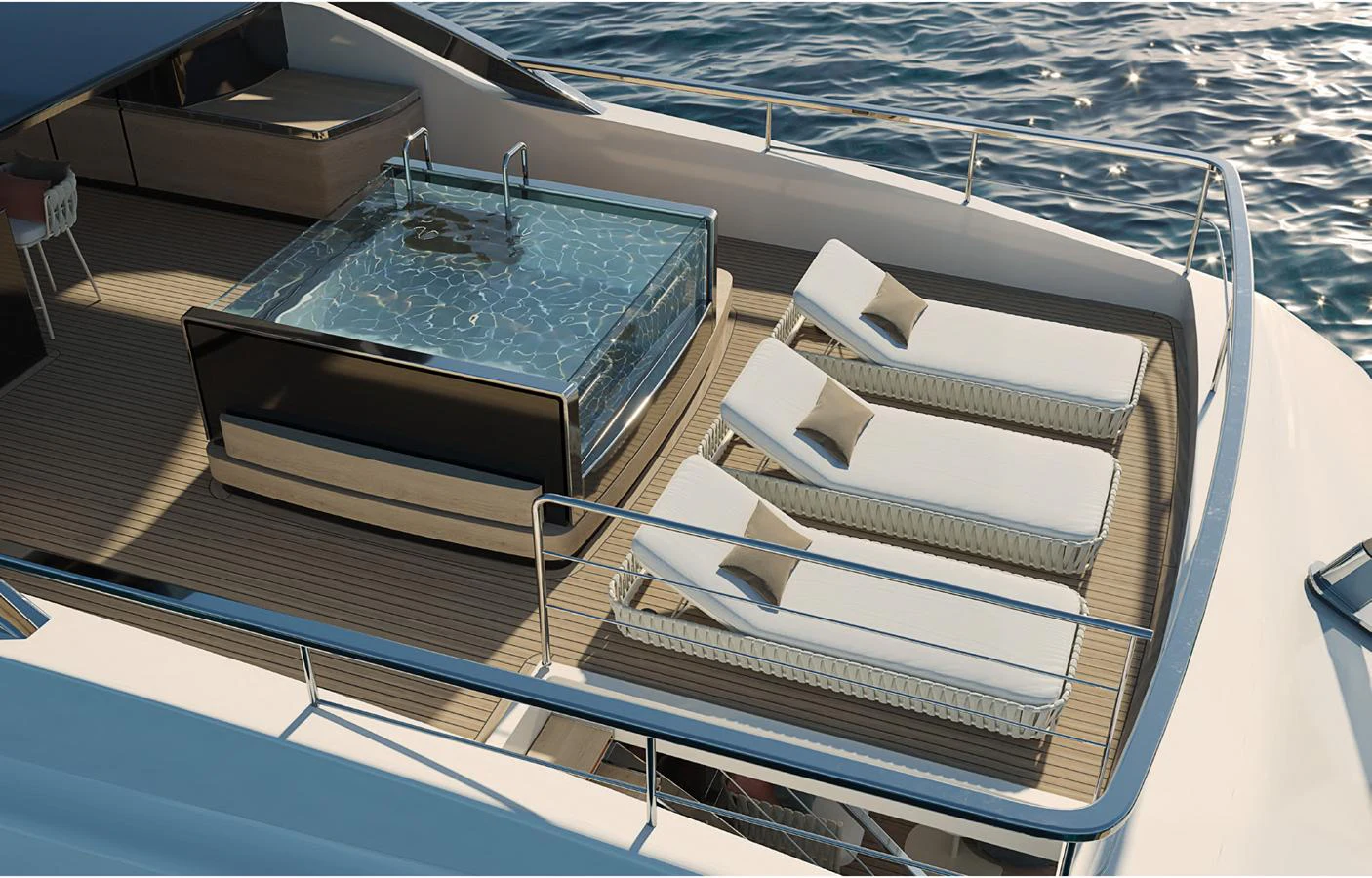 The sundeck features luxurious sun loungers and a sleek jacuzzi, perfect for relaxation. aboard DOGE 500 Yacht for Sale