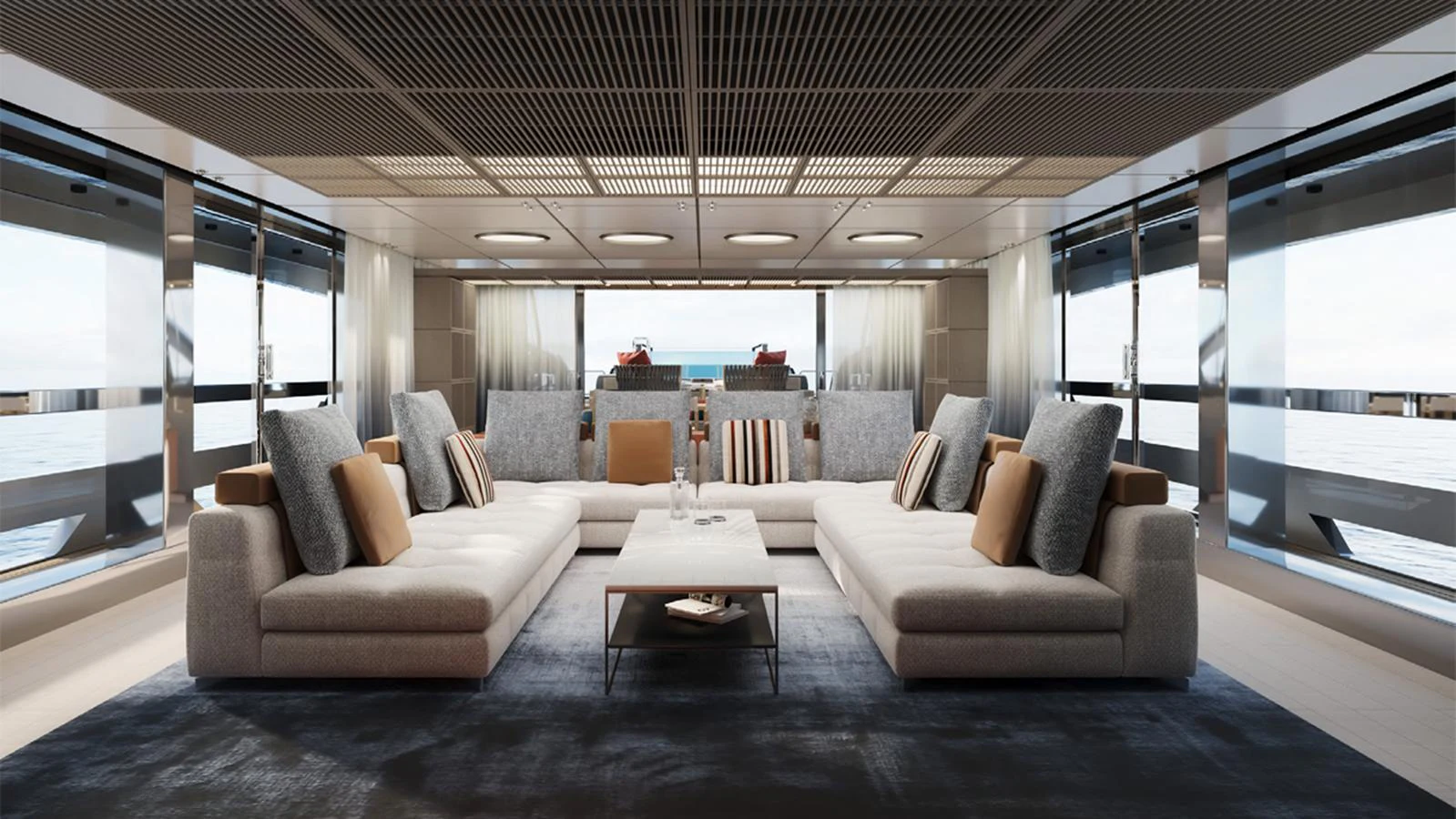 The salon features luxurious seating with panoramic views through large windows. aboard DOGE 500 Yacht for Sale
