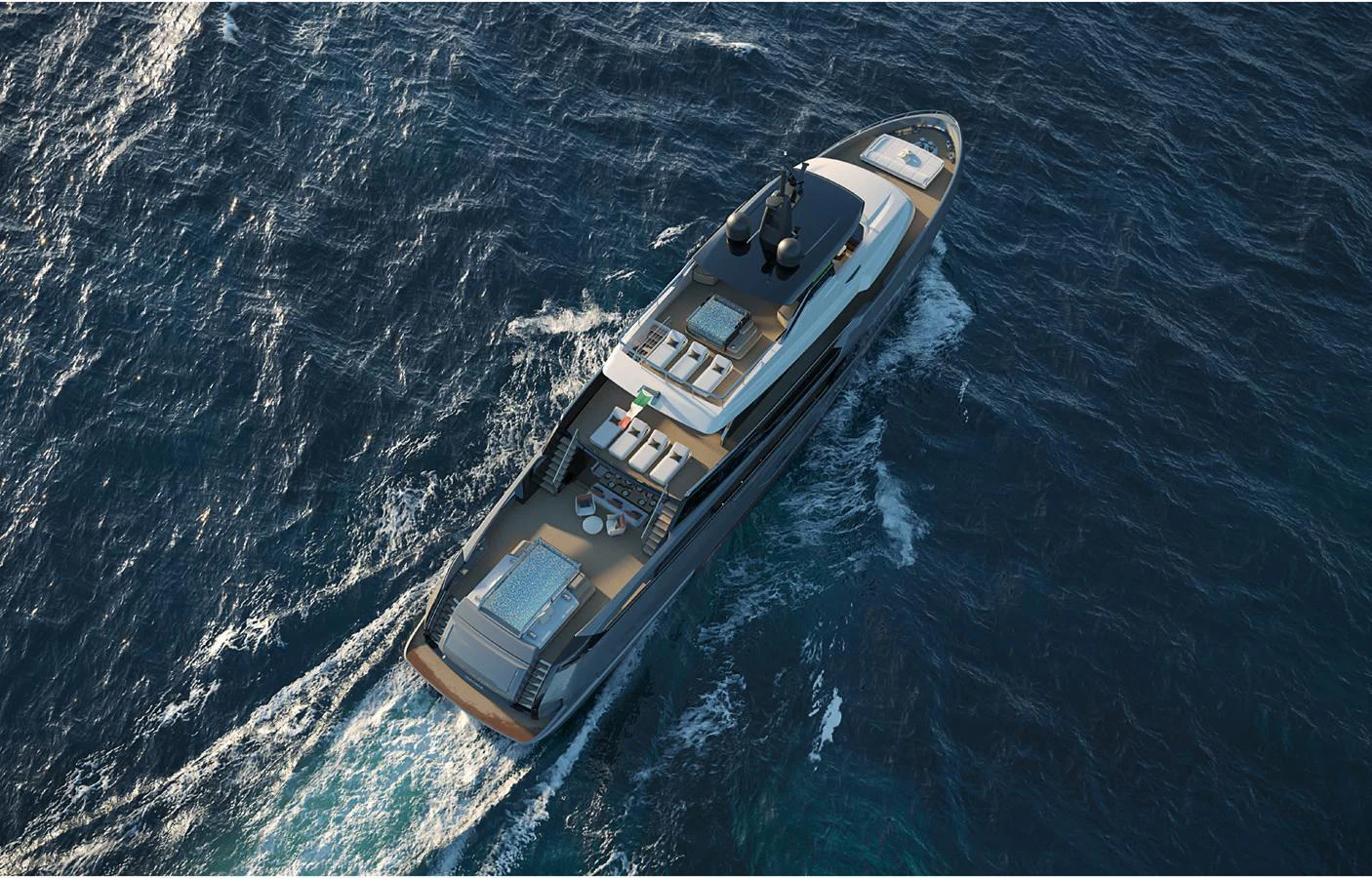 A luxurious yacht cruises through the open sea, showcasing its sleek design and spacious decks. aboard DOGE 500 Yacht for Sale
