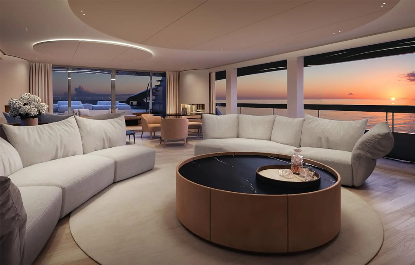 The salon offers a luxurious and spacious seating area with panoramic ocean views at sunset. aboard DOGE 500 Yacht for Sale