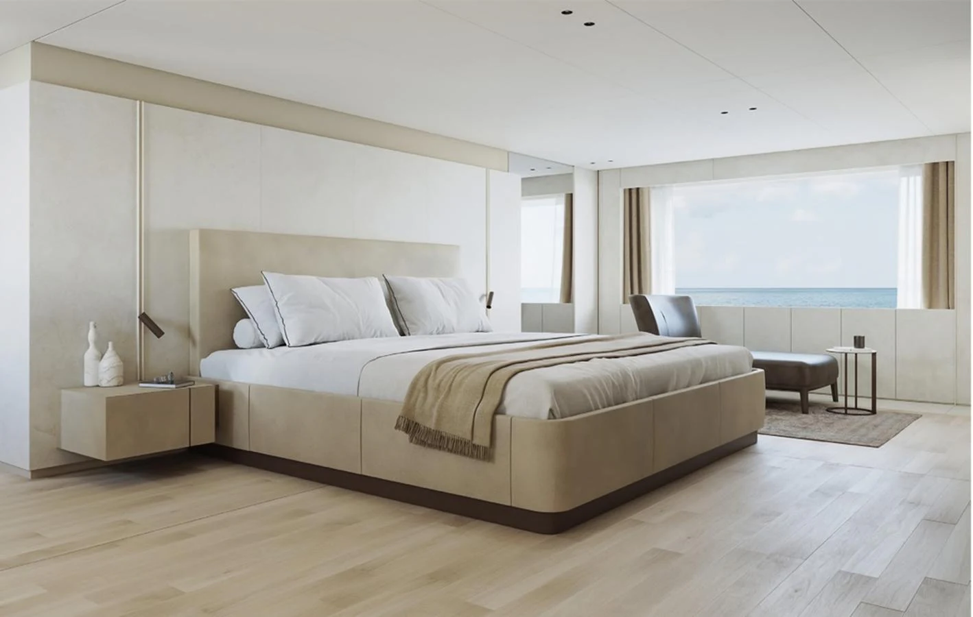 The master stateroom offers a serene and spacious retreat with panoramic ocean views. aboard DOGE 500 Yacht for Sale