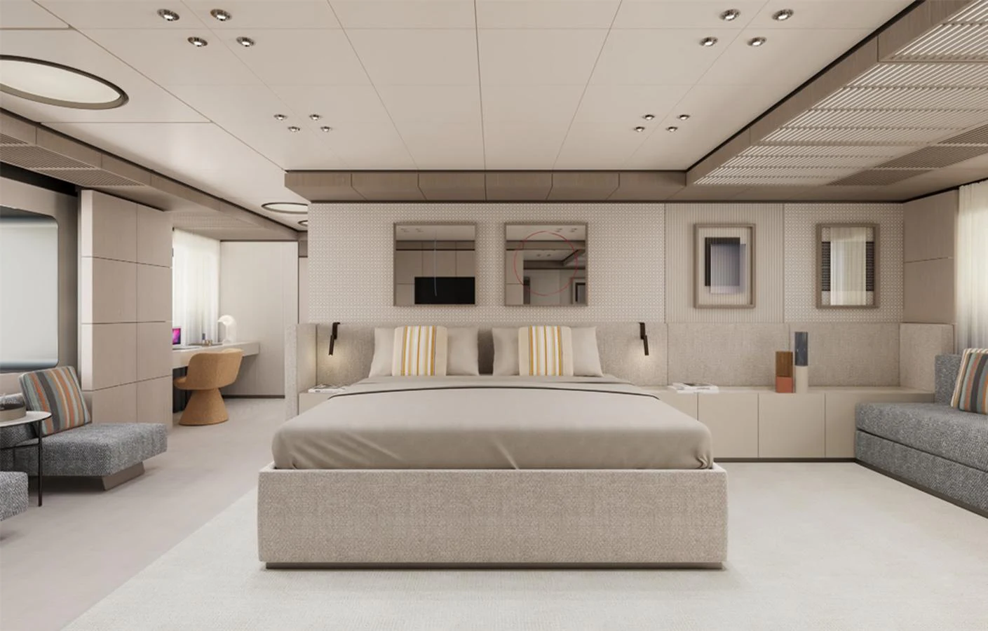 The master stateroom features a spacious bed, modern furnishings, and elegant decor. aboard DOGE 500 Yacht for Sale