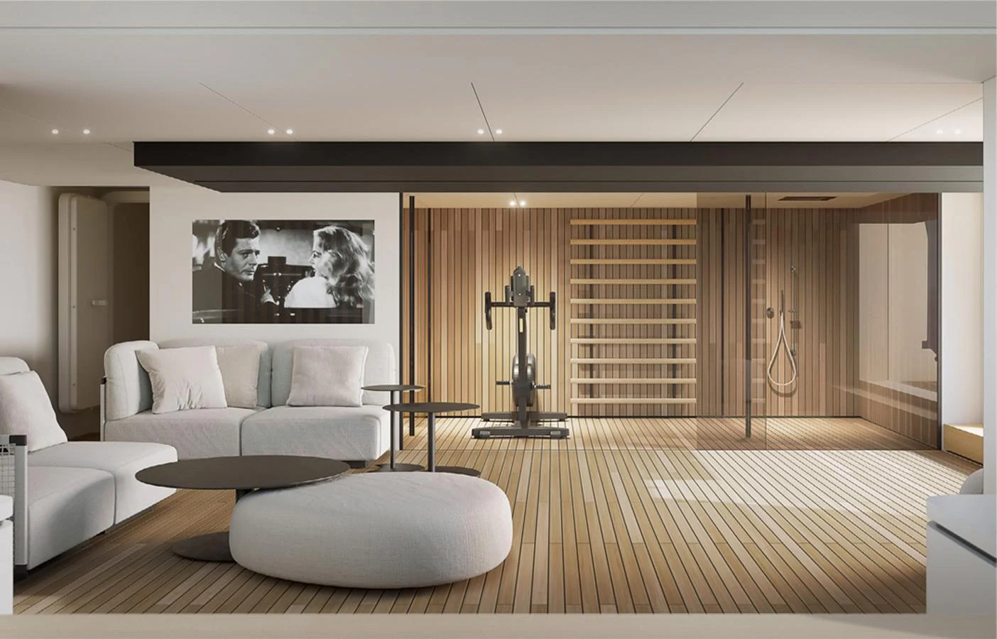 The yacht's interior gym features modern fitness equipment and a serene ambiance. aboard DOGE 500 Yacht for Sale