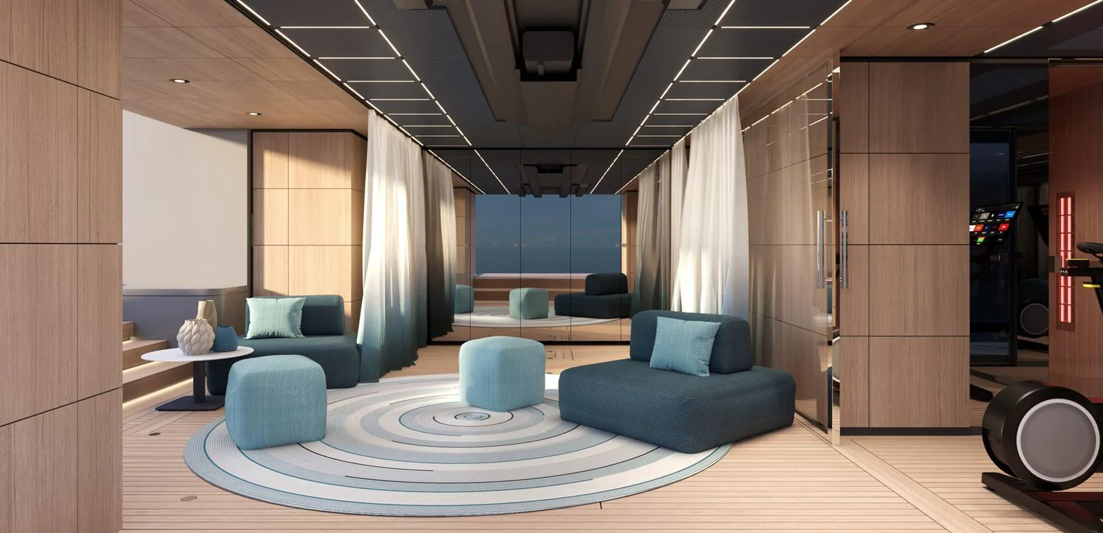 A modern and spacious interior lounge area with stylish seating and ambient lighting. aboard DOGE 500 Yacht for Sale
