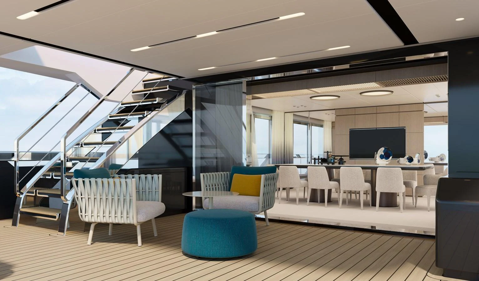 The spacious salon features modern furnishings and an inviting dining area with ample natural light. aboard DOGE 500 Yacht for Sale
