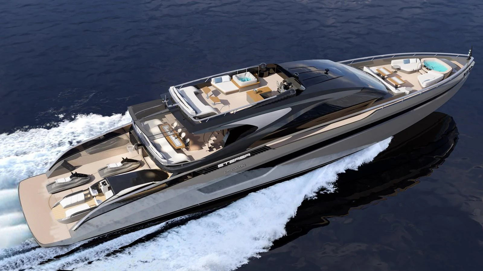 A sleek and modern yacht cruising on open water, showcasing its luxurious design and spacious decks. aboard ETEREA Yacht for Sale